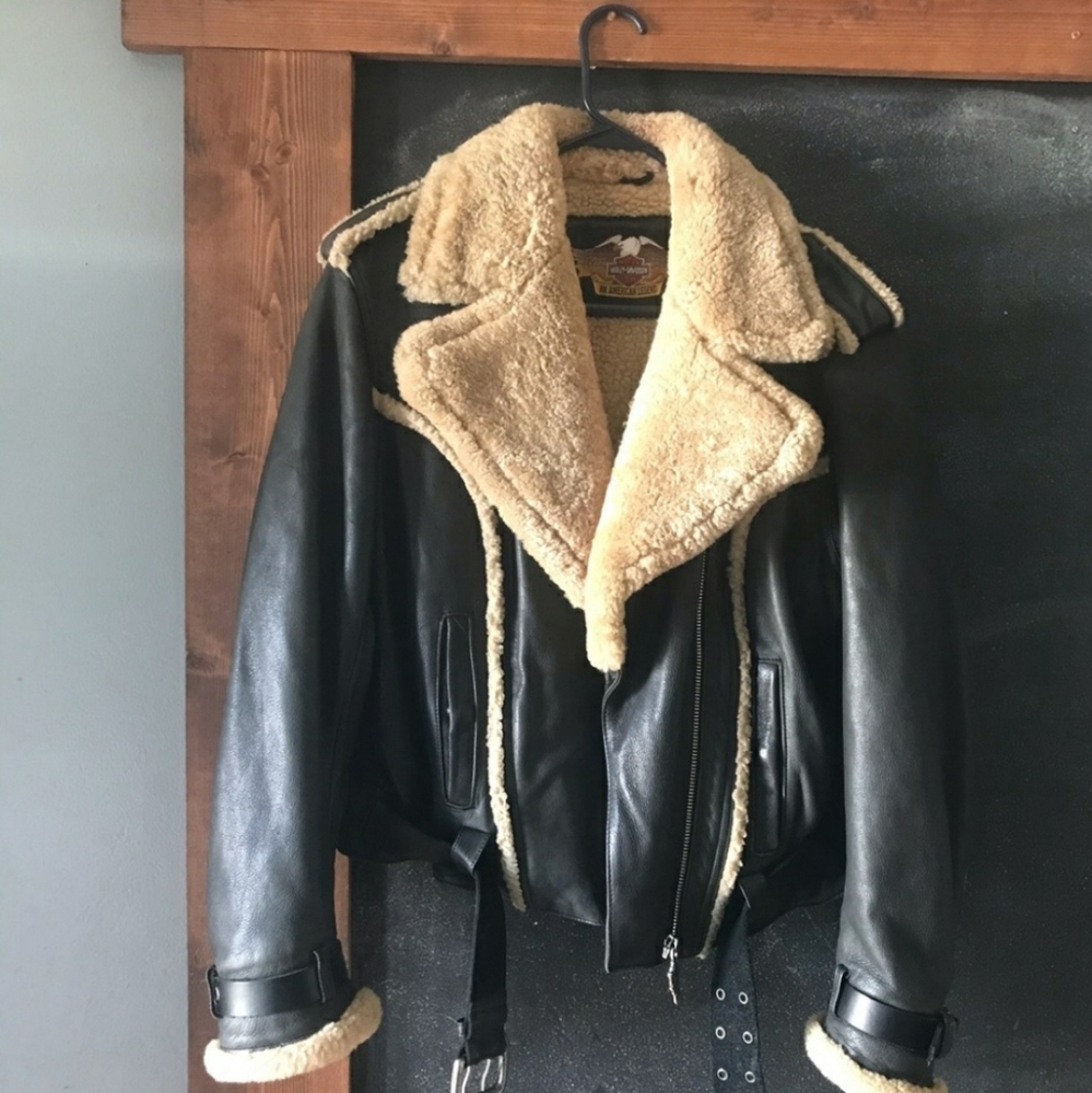Vintage 80s Harley Davidson Sherpa  Leather Jacket With Shearling Collar & Cuffs